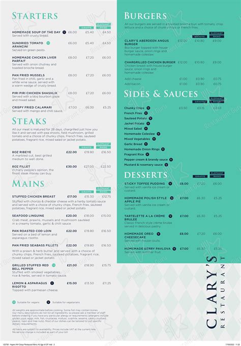 Jaspers Casino Northampton Menu